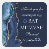 Elegantes Navy Blue Gold Agate Bat Mitzvah Party Quadratischer Aufkleber (Vorderseite)