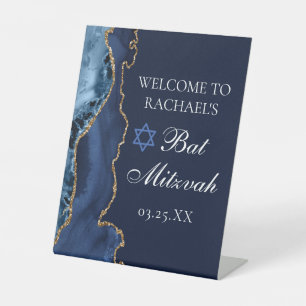 Elegantes Navy Blue Gold Agate Bat Mitzvah Party Sockelschild