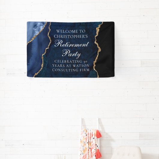 Elegantes Navy Blue Gold Agate Retirement Party Banner (InSitu)