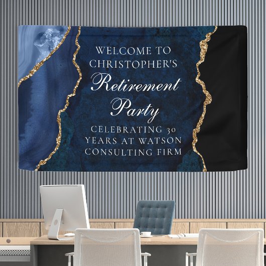 Elegantes Navy Blue Gold Agate Retirement Party Banner
