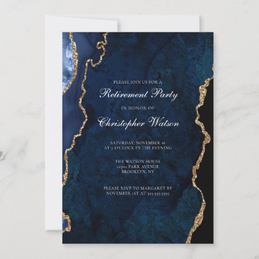 Elegantes Navy Blue Gold Agate Retirement Party Einladung (Vorderseite)