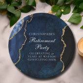 Elegantes Navy Blue Gold Agate Retirement Party Pappteller