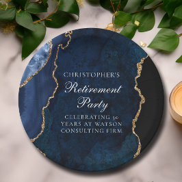 Elegantes Navy Blue Gold Agate Retirement Party Pappteller
