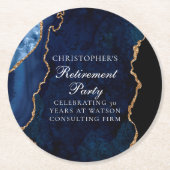Elegantes Navy Blue Gold Agate Retirement Party Runder Pappuntersetzer (Vorderseite)