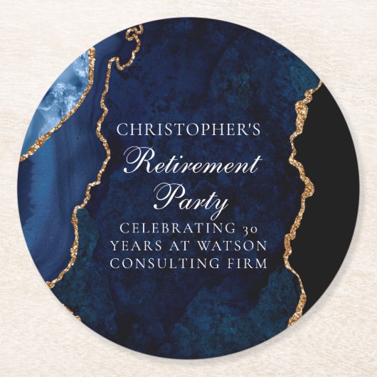 Elegantes Navy Blue Gold Agate Retirement Party Runder Pappuntersetzer (Vorderseite)