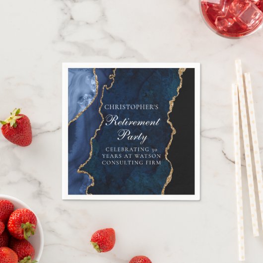 Elegantes Navy Blue Gold Agate Retirement Party Serviette (Beispiel)