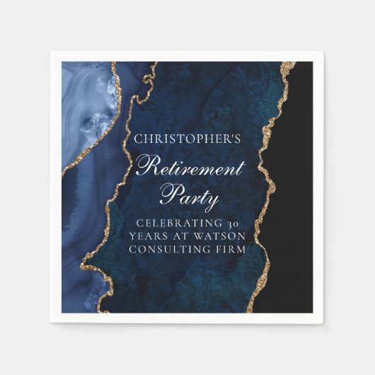 Elegantes Navy Blue Gold Agate Retirement Party Serviette (Vorderseite)