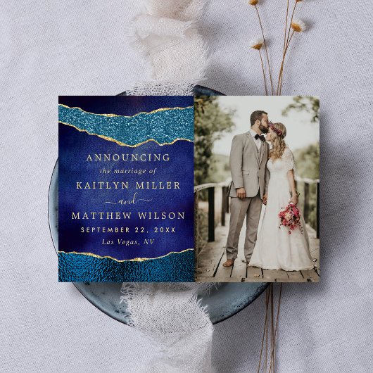 Elegantes Navy Blue & Gold Agate Wedding Foto Ankündigung