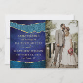 Elegantes Navy Blue & Gold Agate Wedding Foto Ankündigung (Vorderseite)