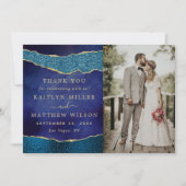 Elegantes Navy Blue & Gold Agate Wedding Foto Dankeskarte (Vorderseite)