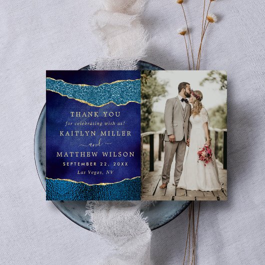 Elegantes Navy Blue & Gold Agate Wedding Foto Dankeskarte
