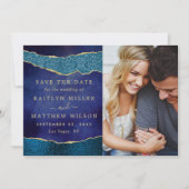 Elegantes Navy Blue & Gold Agate Wedding Foto Save The Date (Vorderseite)