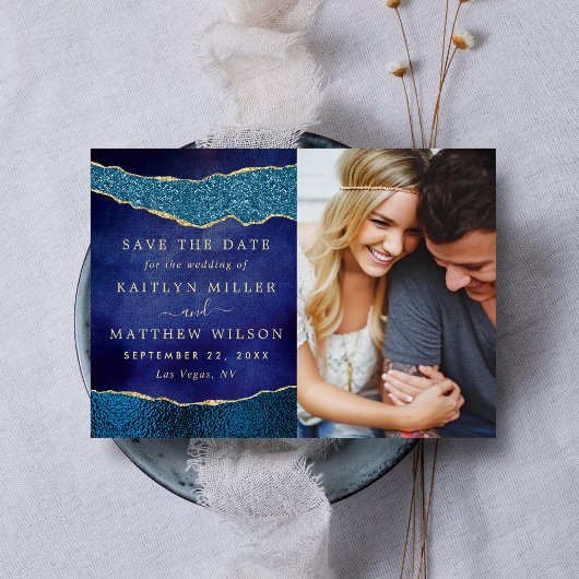 Elegantes Navy Blue & Gold Agate Wedding Foto Save The Date