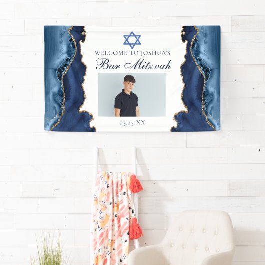 Elegantes Navy Blue Gold Bar Mitzvah Party Foto Banner (Insitu)