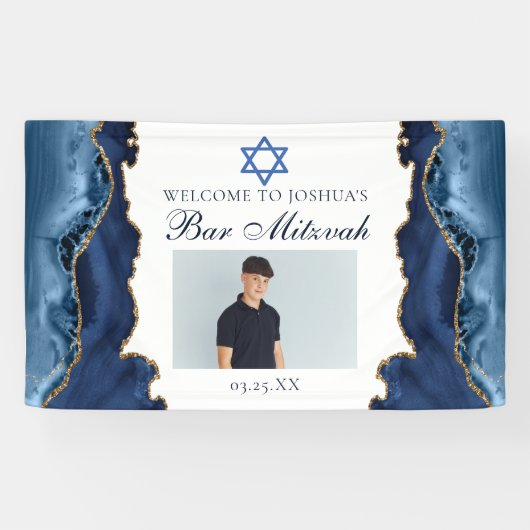 Elegantes Navy Blue Gold Bar Mitzvah Party Foto Banner (Horizontal)
