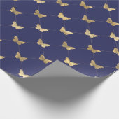 Elegantes Navy Blue Gold Butterfly Muster Geschenkpapier (Ecke)