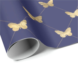 Elegantes Navy Blue Gold Butterfly Muster Geschenkpapier