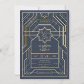 Elegantes Navy Blue Gold Deco QR Code Foto Einladung (Vorderseite)