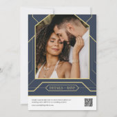 Elegantes Navy Blue Gold Deco QR Code Foto Einladung (Rückseite)