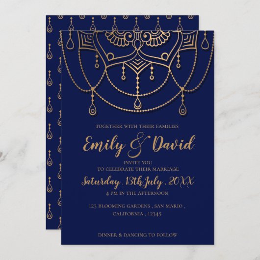 Elegantes Navy Blue Gold Design Muster Hochzeit Einladung (Vorne/Hinten)