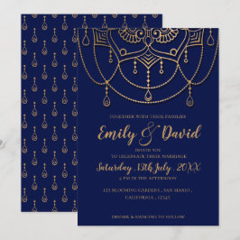 Elegantes Navy Blue Gold Design Muster Hochzeit Einladung