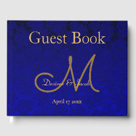 Elegantes Navy Blue Gold Floral Modernes Monogramm Gästebuch