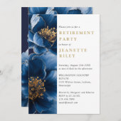 Elegantes Navy Blue Gold Floral Retirement Party Einladung (Vorne/Hinten)