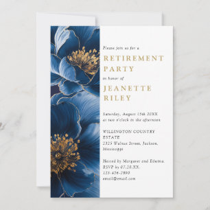 Elegantes Navy Blue Gold Floral Retirement Party Einladung