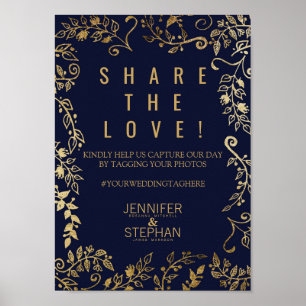 Elegantes Navy Blue Gold Floral Social Media Foto Poster