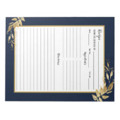 Elegantes Navy Blue Gold Foliage Recipe Notepad Notizblock (Vorderseite)