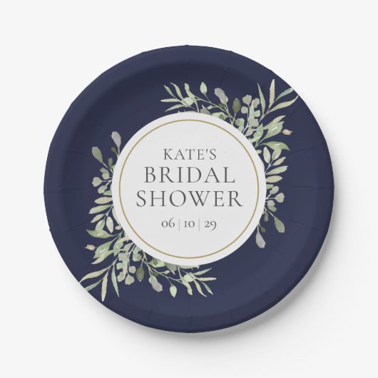 Elegantes Navy Blue Gold Greenery Brautparty Pappteller (Vorderseite)