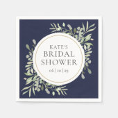 Elegantes Navy Blue Gold Greenery Brautparty Serviette (Vorderseite)