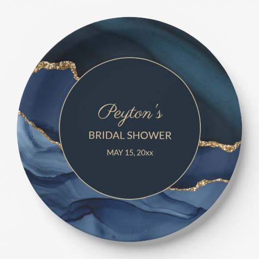 Elegantes Navy Blue Gold Marmor Brautparty Pappteller (Vorderseite)