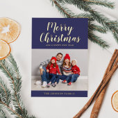 Elegantes Navy Blue Gold Script Weihnachts-Foto Folien Feiertagskarte
