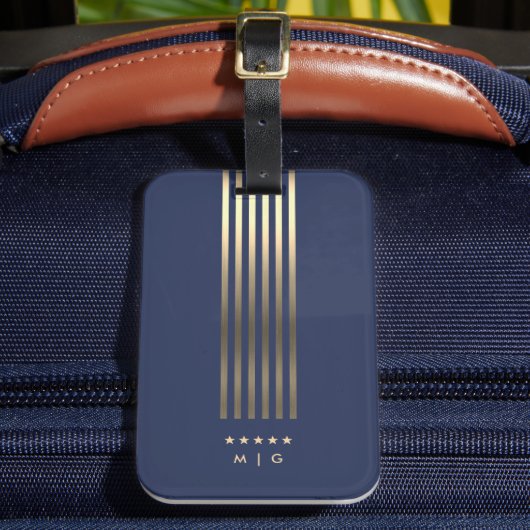 Elegantes Navy Blue Gold Streifen Stars Monogramm Gepäckanhänger (Vorderseite Insitu 2)