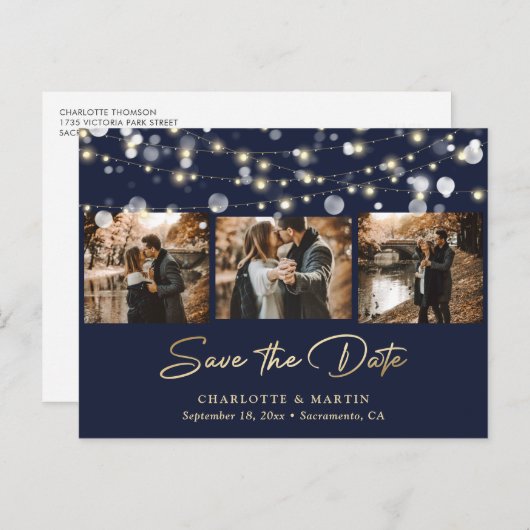Elegantes Navy Blue Gold Wedding Foto Save the Dat Ankündigungspostkarte (Vorne/Hinten)