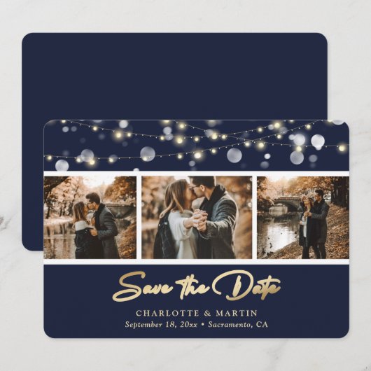 Elegantes Navy Blue Gold Wedding Foto Save the Dat Date (Vorne/Hinten)