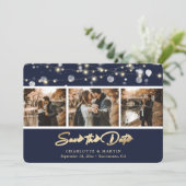 Elegantes Navy Blue Gold Wedding Foto Save the Dat Date (Stehend Vorderseite)