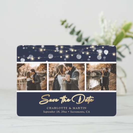 Elegantes Navy Blue Gold Wedding Foto Save the Dat Save The Date (Stehend Vorderseite)