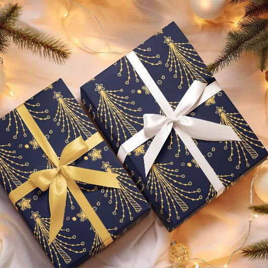 Elegantes Navy Blue Gold Weihnachtsbaum Star Muste Geschenkpapier