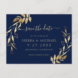Elegantes Navy Blue Golden Foliage Save the Date Ankündigungspostkarte
