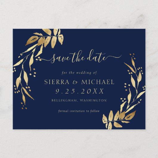 Elegantes Navy Blue Golden Foliage Save the Date Ankündigungspostkarte (Vorderseite)
