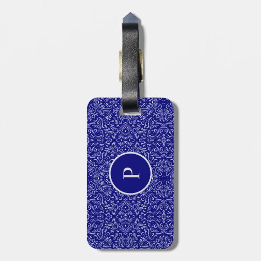 Elegantes Navy Blue & Gray Damask Muster Gepäckanhänger (Rückseite vertikal)
