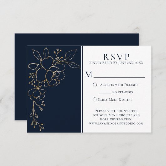 Elegantes Navy Blue mit goldgeätzten Rose Bouquet RSVP Karte (Vorne/Hinten)