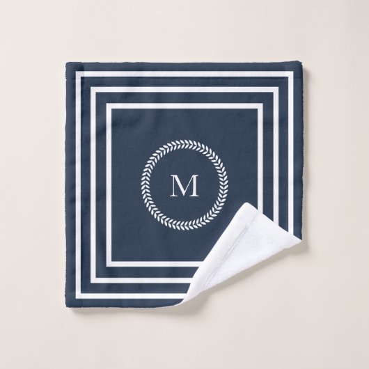 Elegantes Navy Blue Monogramm mit weißem Rahmen Badhandtuch Set (Waschlappen)