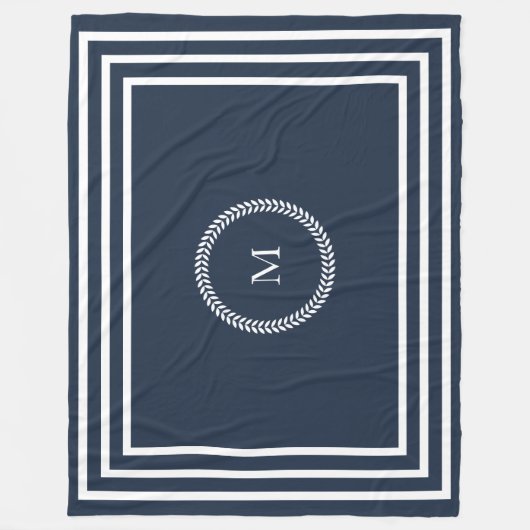 Elegantes Navy Blue Monogramm mit weißem Rahmen Fleecedecke (Vorderseite)