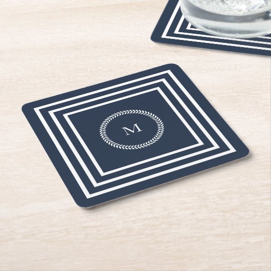 Elegantes Navy Blue Monogramm mit weißem Rahmen Rechteckiger Pappuntersetzer (angewinkelt)