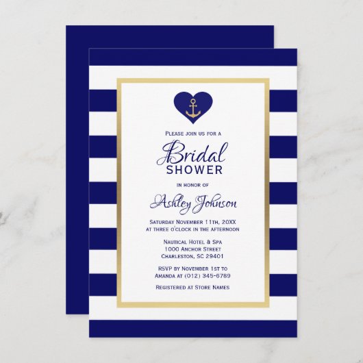 Elegantes Navy Blue Nautical Wedding Brautparty Einladung (Vorne/Hinten)