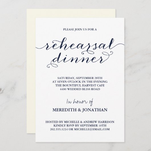 Elegantes Navy Blue Probe Dinner Einladung (Vorne/Hinten)