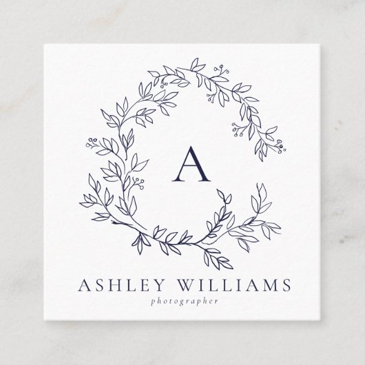 Elegantes Navy Blue QR Code Monogram Floral Wappen Quadratische Visitenkarte (Vorderseite)